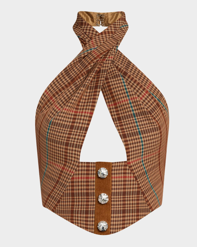 Crystal-Button Check Crop Halter Top